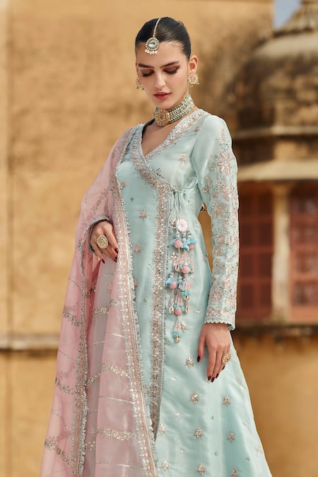 Buy Lashkaraa Pink Net, Organza Sequins, Embroidery, Zari V-neck Floral Angarkha Anarkali Set Online at Aza Fashions Buy_Lashkaraa_Pink Net, Organza Sequins, Embroidery, Zari V-neck Floral Angarkha Anarkali Set _Online_at_Aza_Fashions
