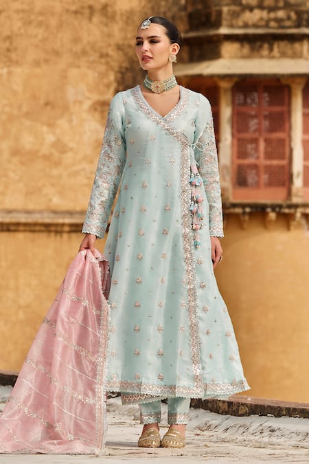 Lashkaraa Pink Net, Organza Sequins, Embroidery, Zari V-neck Floral Angarkha Anarkali Set