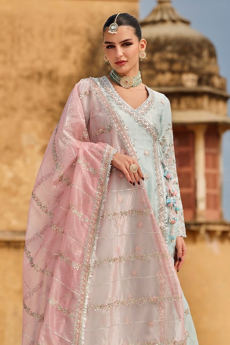 Shop Lashkaraa Pink Net, Organza Sequins, Embroidery, Zari V-neck Floral Angarkha Anarkali Set Online at Aza Fashions Shop_Lashkaraa_Pink Net, Organza Sequins, Embroidery, Zari V-neck Floral Angarkha Anarkali Set _Online_at_Aza_Fashions