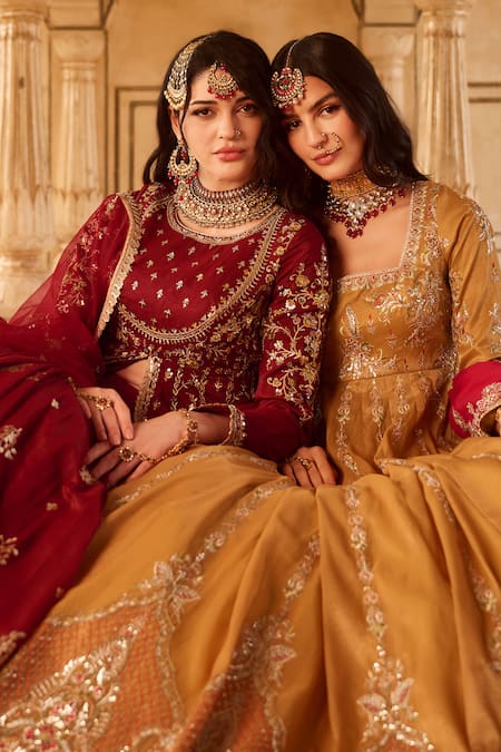 Buy_Lashkaraa_Yellow Tissue, Organza, Silk Sequins, Mirrors, Floral Embroidered Anarkali Set_Online_at_Aza_Fashions