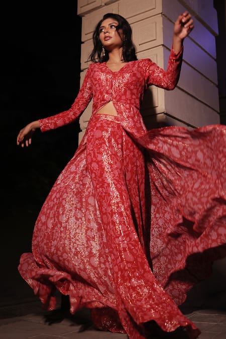 Buy_Kiyohra_Red Lurex, Georgette Embroidery V-neck Floral Print Anarkali And Sharara Set _Online_at_Aza_Fashions