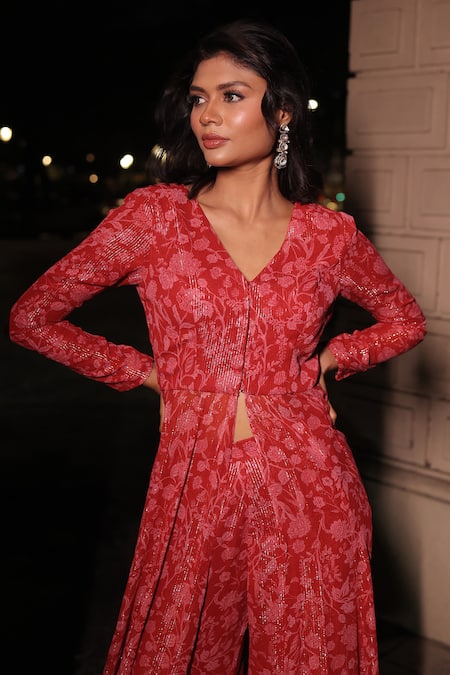 Kiyohra_Red Lurex, Georgette Embroidery V-neck Floral Print Anarkali And Sharara Set _at_Aza_Fashions