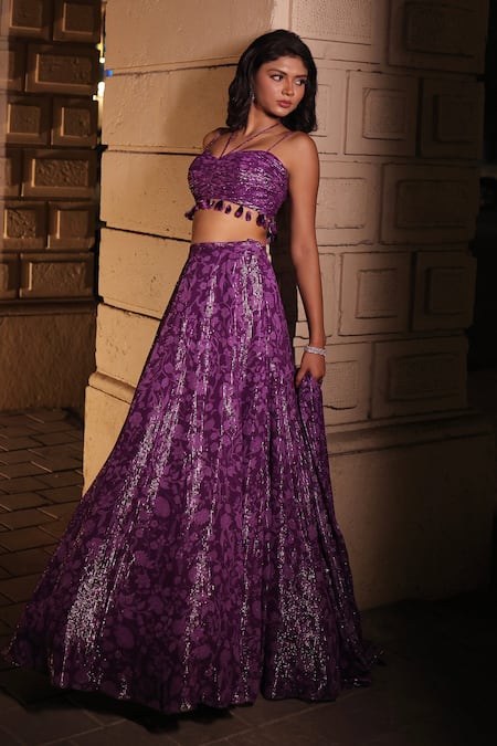 Buy_Kiyohra_Purple Lurex, Georgette Tassels Sweetheart Neck Floral Vine Print Lehenga Set _Online_at_Aza_Fashions