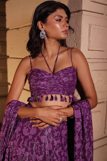 Kiyohra_Purple Lurex, Georgette Tassels Sweetheart Neck Floral Vine Print Lehenga Set _at_Aza_Fashions