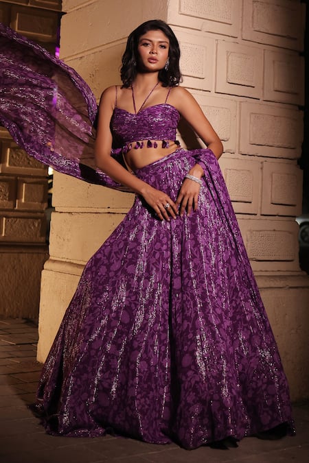 Buy_Kiyohra_Purple Lurex, Georgette Tassels Sweetheart Neck Floral Vine Print Lehenga Set 