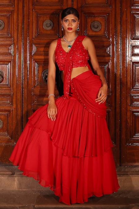 Shop_Kiyohra_Red Georgette Sequins, Beads, Cut Work, Tiered Ruffle Pre-draped Saree Set _Online_at_Aza_Fashions