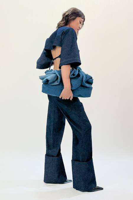 Leh Studios Blue Cotton V-neck Back Strapped Cropped Shirt Online at Aza Fashions Leh Studios_Blue Cotton V-neck Back Strapped Cropped Shirt _Online_at_Aza_Fashions