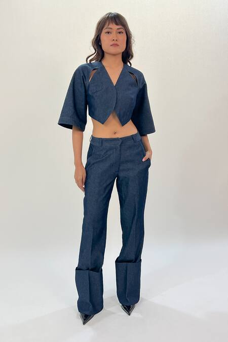 Buy Leh Studios Blue Cotton V-neck Back Strapped Cropped Shirt Online at Aza Fashions Buy_Leh Studios_Blue Cotton V-neck Back Strapped Cropped Shirt _Online_at_Aza_Fashions