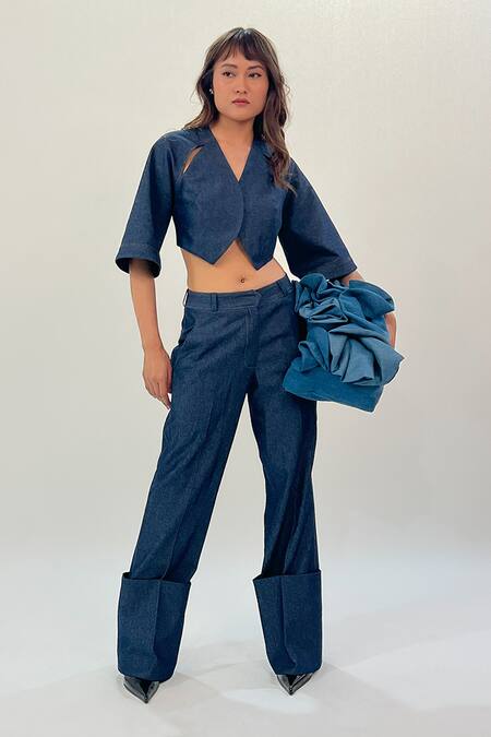 Shop Leh Studios Blue Cotton V-neck Back Strapped Cropped Shirt Online at Aza Fashions Shop_Leh Studios_Blue Cotton V-neck Back Strapped Cropped Shirt _Online_at_Aza_Fashions