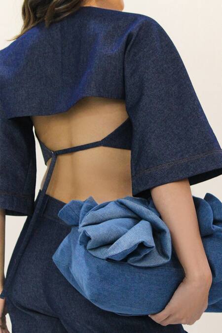 Leh Studios Blue Cotton V-neck Back Strapped Cropped Shirt at Aza Fashions Leh Studios_Blue Cotton V-neck Back Strapped Cropped Shirt _at_Aza_Fashions