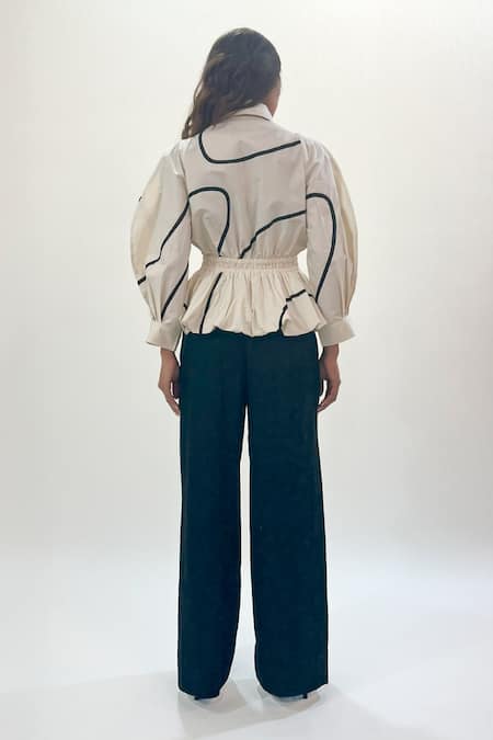 Shop_Leh Studios_Off White Cotton Collared Bubble Hem Top With Stem Tapes _at_Aza_Fashions
