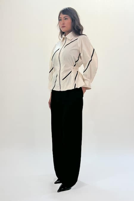 Leh Studios_Off White Cotton Collared Bubble Hem Top With Stem Tapes _Online_at_Aza_Fashions