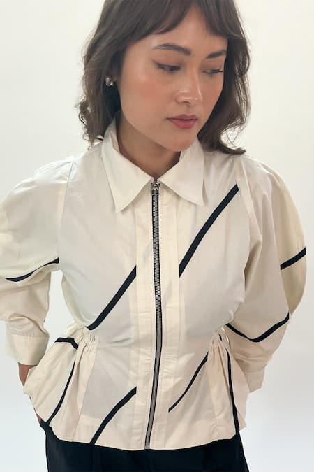 Buy_Leh Studios_Off White Cotton Collared Bubble Hem Top With Stem Tapes _Online_at_Aza_Fashions