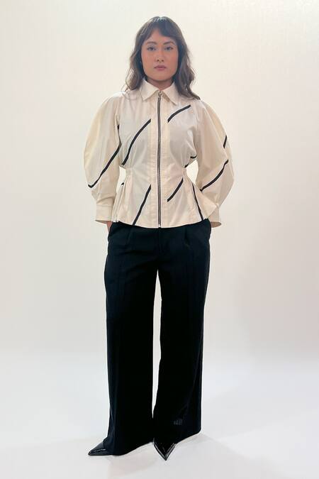 Shop_Leh Studios_Off White Cotton Collared Bubble Hem Top With Stem Tapes _Online_at_Aza_Fashions