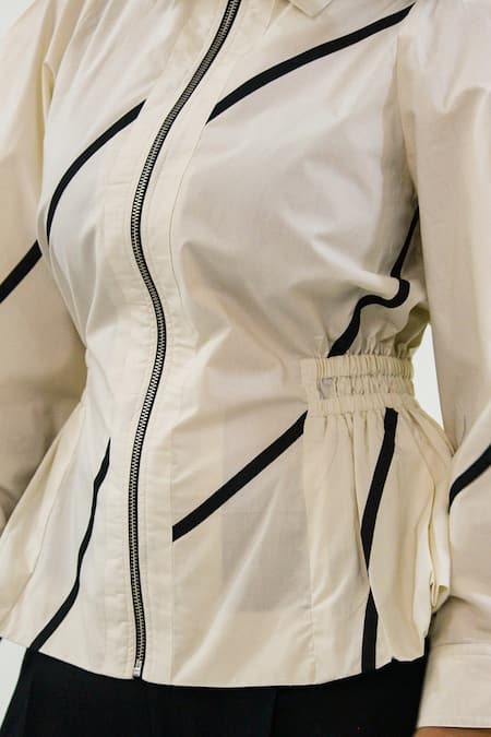 Leh Studios_Off White Cotton Collared Bubble Hem Top With Stem Tapes _at_Aza_Fashions