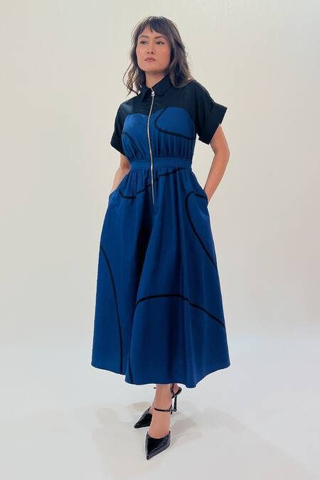 Shop_Leh Studios_Blue Cotton Collared Navy Cup Stem Zip Midi Dress _at_Aza_Fashions