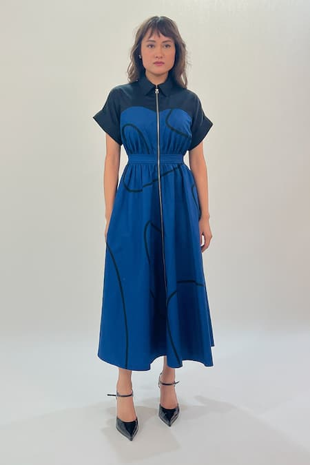 Leh Studios_Blue Cotton Collared Navy Cup Stem Zip Midi Dress _Online_at_Aza_Fashions