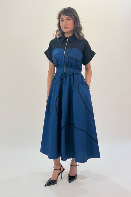 Buy_Leh Studios_Blue Cotton Collared Navy Cup Stem Zip Midi Dress _Online_at_Aza_Fashions
