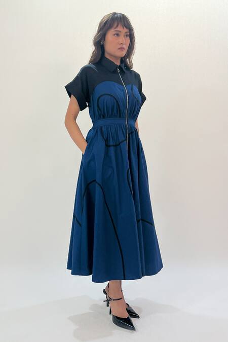 Shop_Leh Studios_Blue Cotton Collared Navy Cup Stem Zip Midi Dress _Online_at_Aza_Fashions