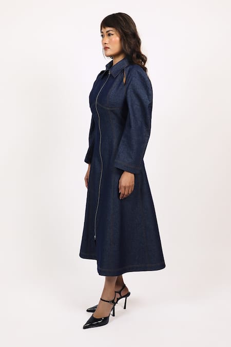 Leh Studios_Blue Cotton Collared Panelled Midi Dress _Online_at_Aza_Fashions