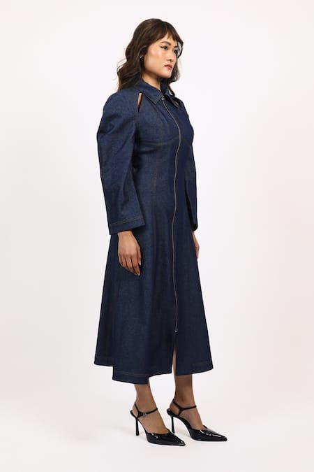 Buy_Leh Studios_Blue Cotton Collared Panelled Midi Dress _Online_at_Aza_Fashions