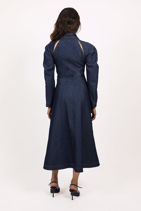Shop_Leh Studios_Blue Cotton Collared Panelled Midi Dress _at_Aza_Fashions