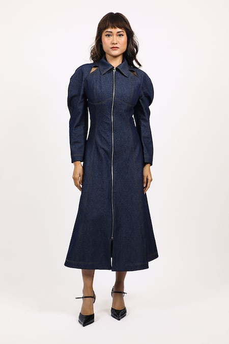 Shop_Leh Studios_Blue Cotton Collared Panelled Midi Dress _Online_at_Aza_Fashions