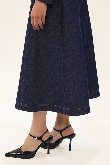 Leh Studios_Blue Cotton Collared Panelled Midi Dress _at_Aza_Fashions
