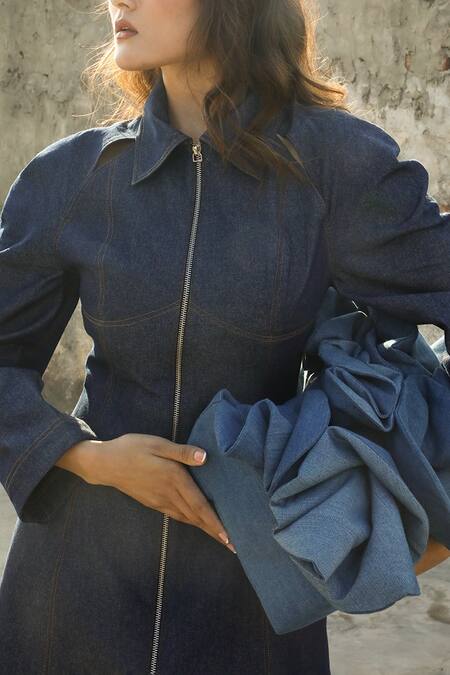 Buy_Leh Studios_Blue Cotton Collared Panelled Midi Dress 