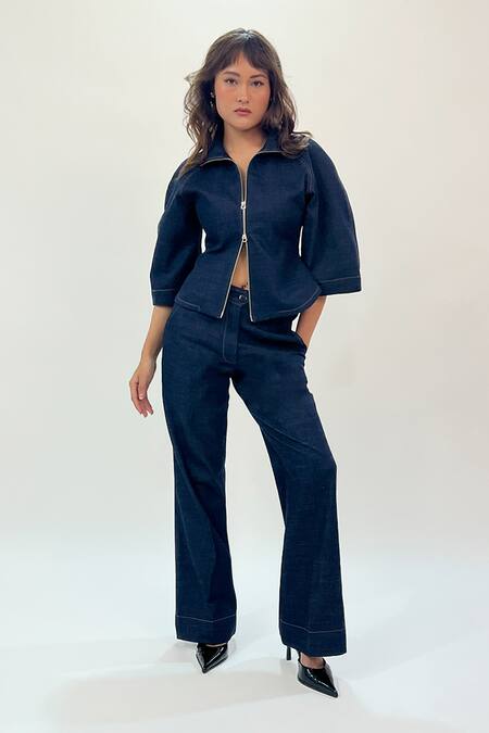 Leh Studios_Blue Cotton Collared Zipper Front Top _Online_at_Aza_Fashions