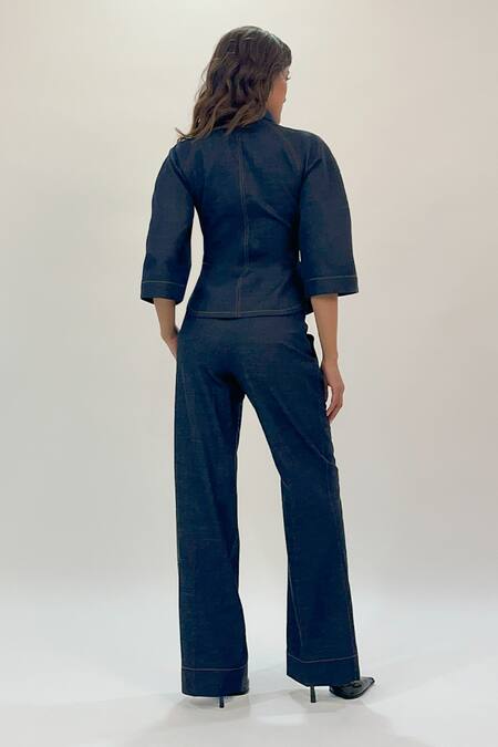 Shop_Leh Studios_Blue Cotton Collared Zipper Front Top _at_Aza_Fashions