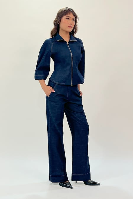 Buy_Leh Studios_Blue Cotton Collared Zipper Front Top _Online_at_Aza_Fashions