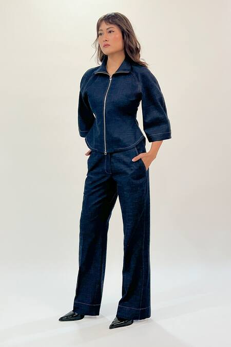 Shop_Leh Studios_Blue Cotton Collared Zipper Front Top _Online_at_Aza_Fashions