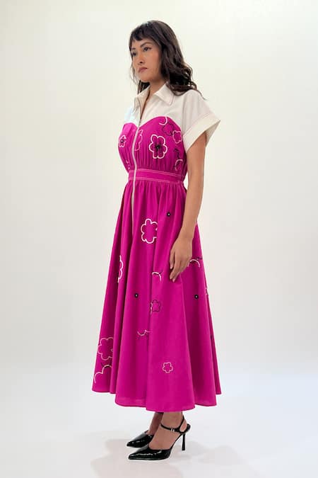 Leh Studios_Pink Cotton Beads, Sequins Collared Ditsy Floral Embroidered Midi Dress _Online_at_Aza_Fashions