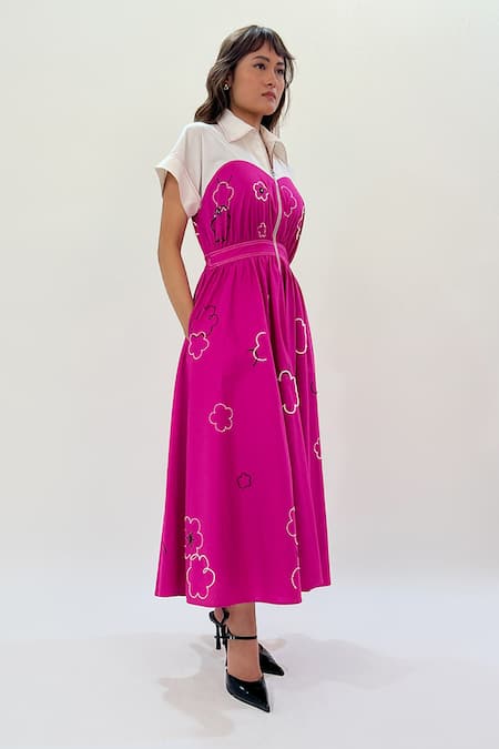 Buy_Leh Studios_Pink Cotton Beads, Sequins Collared Ditsy Floral Embroidered Midi Dress _Online_at_Aza_Fashions