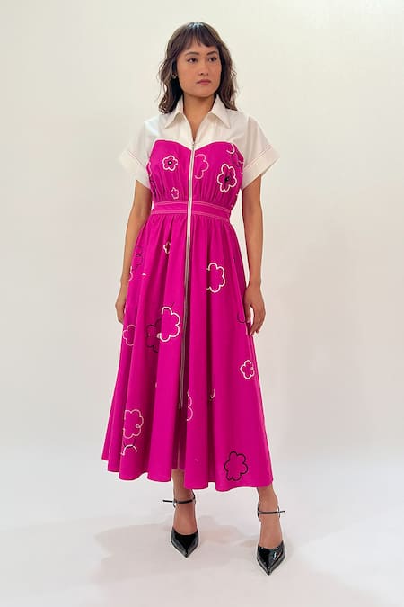 Shop_Leh Studios_Pink Cotton Beads, Sequins Collared Ditsy Floral Embroidered Midi Dress _at_Aza_Fashions