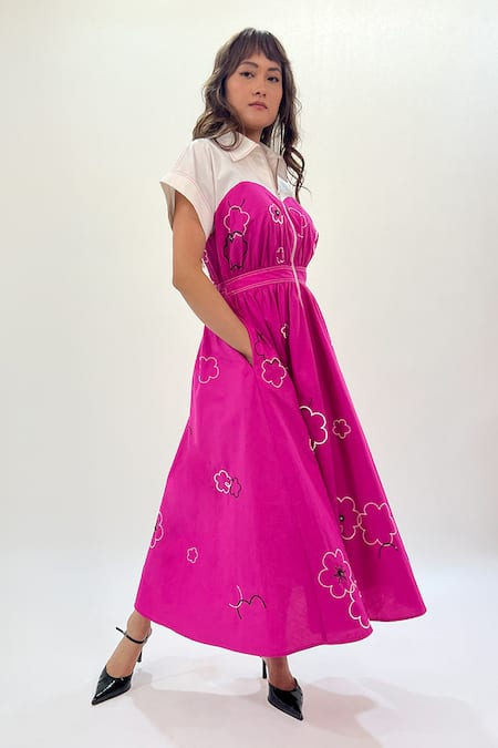 Shop_Leh Studios_Pink Cotton Beads, Sequins Collared Ditsy Floral Embroidered Midi Dress _Online_at_Aza_Fashions