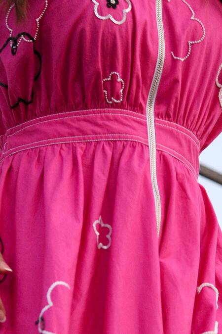 Leh Studios_Pink Cotton Beads, Sequins Collared Ditsy Floral Embroidered Midi Dress _at_Aza_Fashions