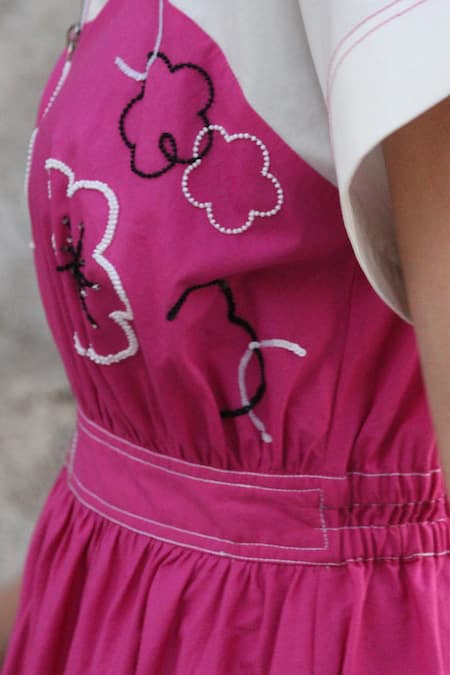 Shop_Leh Studios_Pink Cotton Beads, Sequins Collared Ditsy Floral Embroidered Midi Dress 
