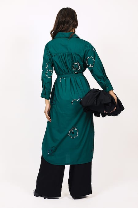 Leh Studios Floral Embroidered Green Shirt Dress 