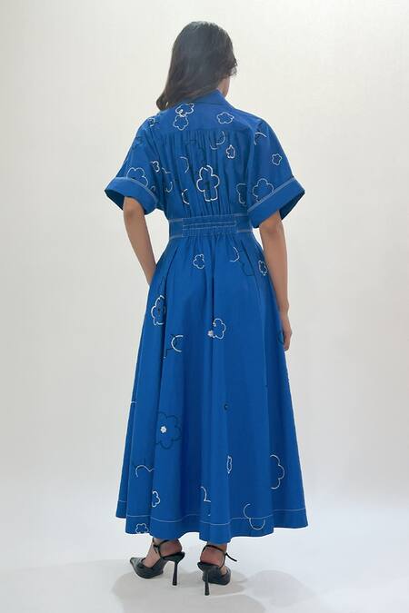 Shop_Leh Studios_Blue Cotton Sequins, Beads Open Neck Floral Embroidered Midi Dress _at_Aza_Fashions