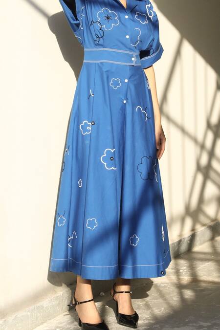 Shop_Leh Studios_Blue Cotton Sequins, Beads Open Neck Floral Embroidered Midi Dress _Online_at_Aza_Fashions