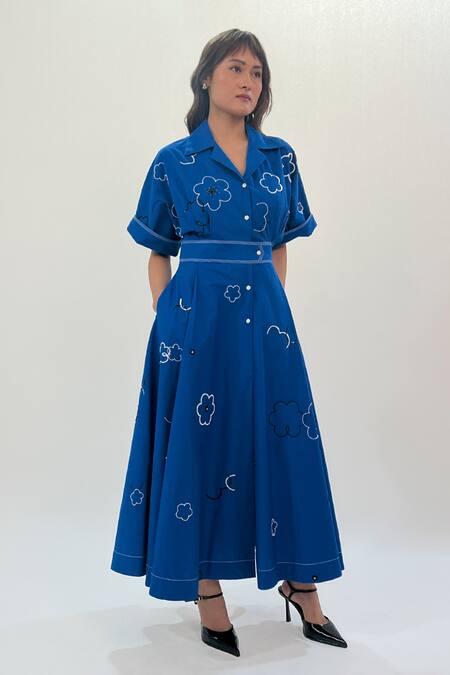 Buy_Leh Studios_Blue Cotton Sequins, Beads Open Neck Floral Embroidered Midi Dress 