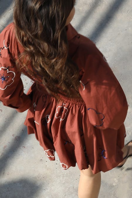 Leh Studios Brown Cotton Beads, Sequins Collared Floral Embroidered Bubble Hem Dress Online at Aza Fashions Leh Studios_Brown Cotton Beads, Sequins Collared Floral Embroidered Bubble Hem Dress _Online_at_Aza_Fashions