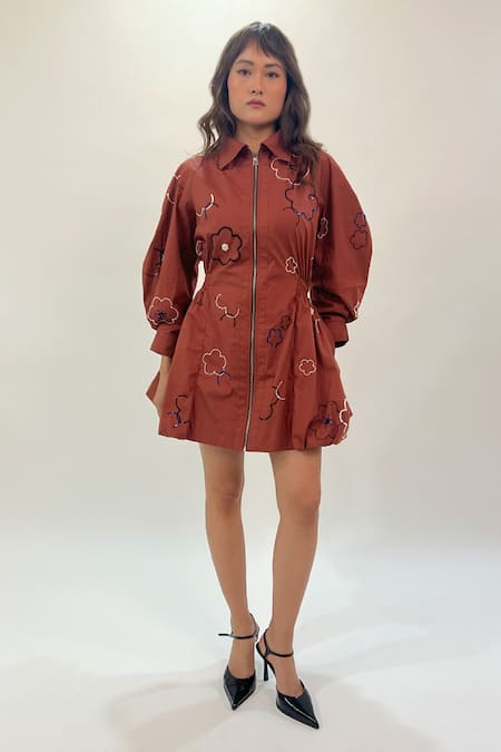 Shop Leh Studios Brown Cotton Beads, Sequins Collared Floral Embroidered Bubble Hem Dress Online at Aza Fashions Shop_Leh Studios_Brown Cotton Beads, Sequins Collared Floral Embroidered Bubble Hem Dress _Online_at_Aza_Fashions