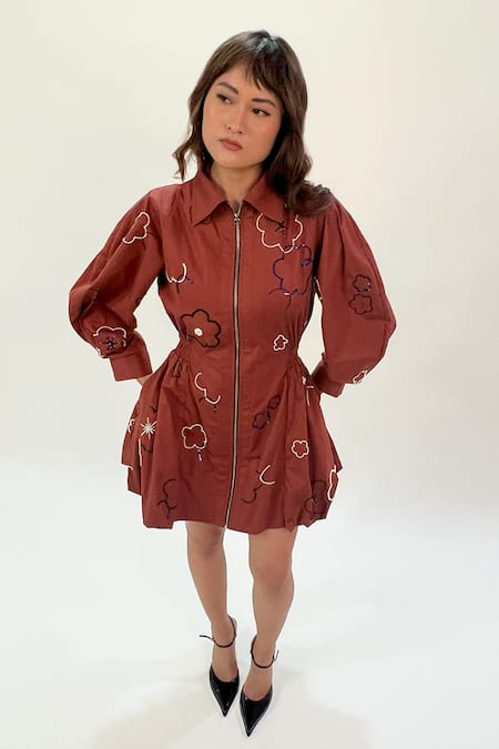 Leh Studios Brown Cotton Beads, Sequins Collared Floral Embroidered Bubble Hem Dress at Aza Fashions Leh Studios_Brown Cotton Beads, Sequins Collared Floral Embroidered Bubble Hem Dress _at_Aza_Fashions