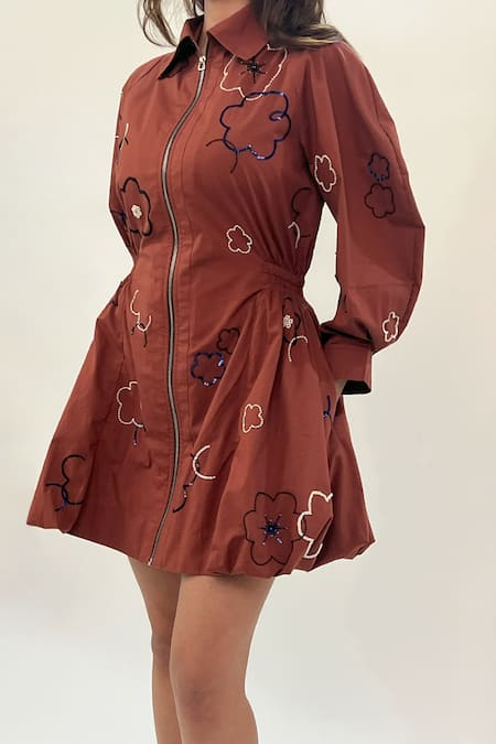 Buy Leh Studios Brown Cotton Beads, Sequins Collared Floral Embroidered Bubble Hem Dress Buy_Leh Studios_Brown Cotton Beads, Sequins Collared Floral Embroidered Bubble Hem Dress