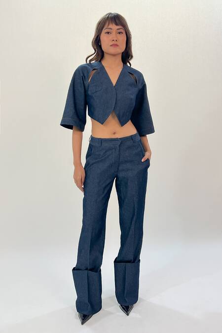 Buy Leh Studios Blue Cotton Flared Hem Pant Online at Aza Fashions Buy_Leh Studios_Blue Cotton Flared Hem Pant _Online_at_Aza_Fashions