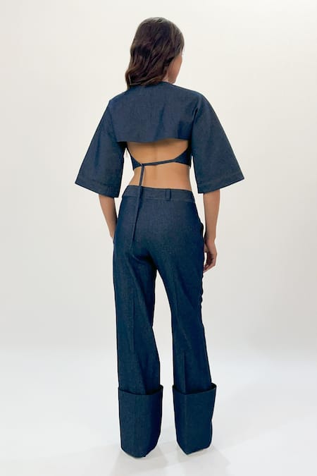 Shop Leh Studios Blue Cotton Flared Hem Pant at Aza Fashions Shop_Leh Studios_Blue Cotton Flared Hem Pant _at_Aza_Fashions