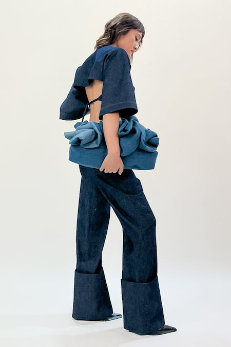 Shop Leh Studios Blue Cotton Flared Hem Pant Online at Aza Fashions Shop_Leh Studios_Blue Cotton Flared Hem Pant _Online_at_Aza_Fashions